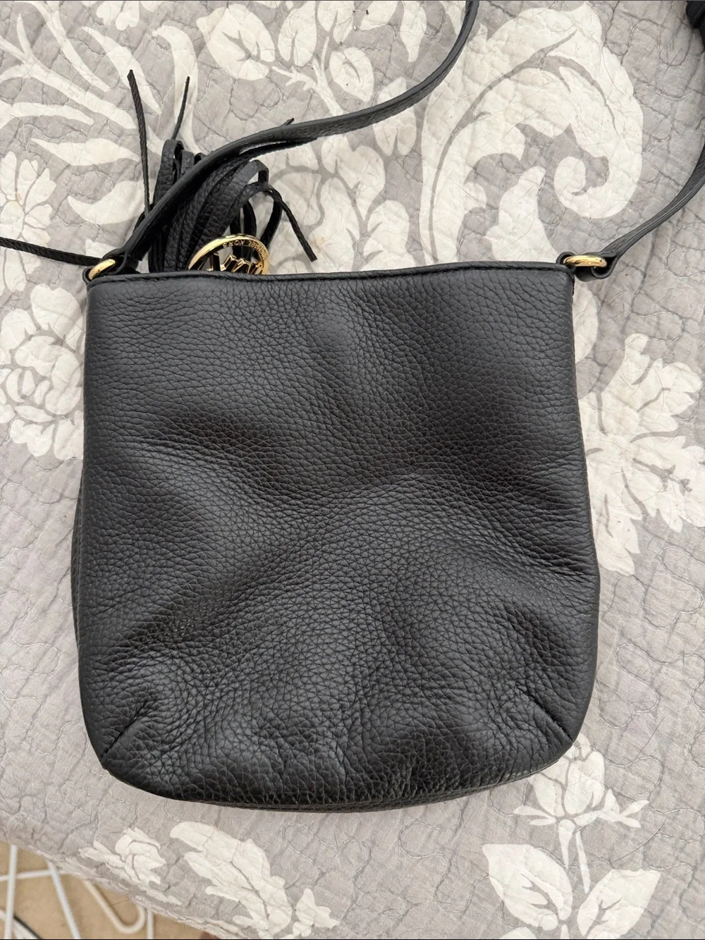 Michael Kors Black Pebbled Leather Tassel Drawstring Crossbody